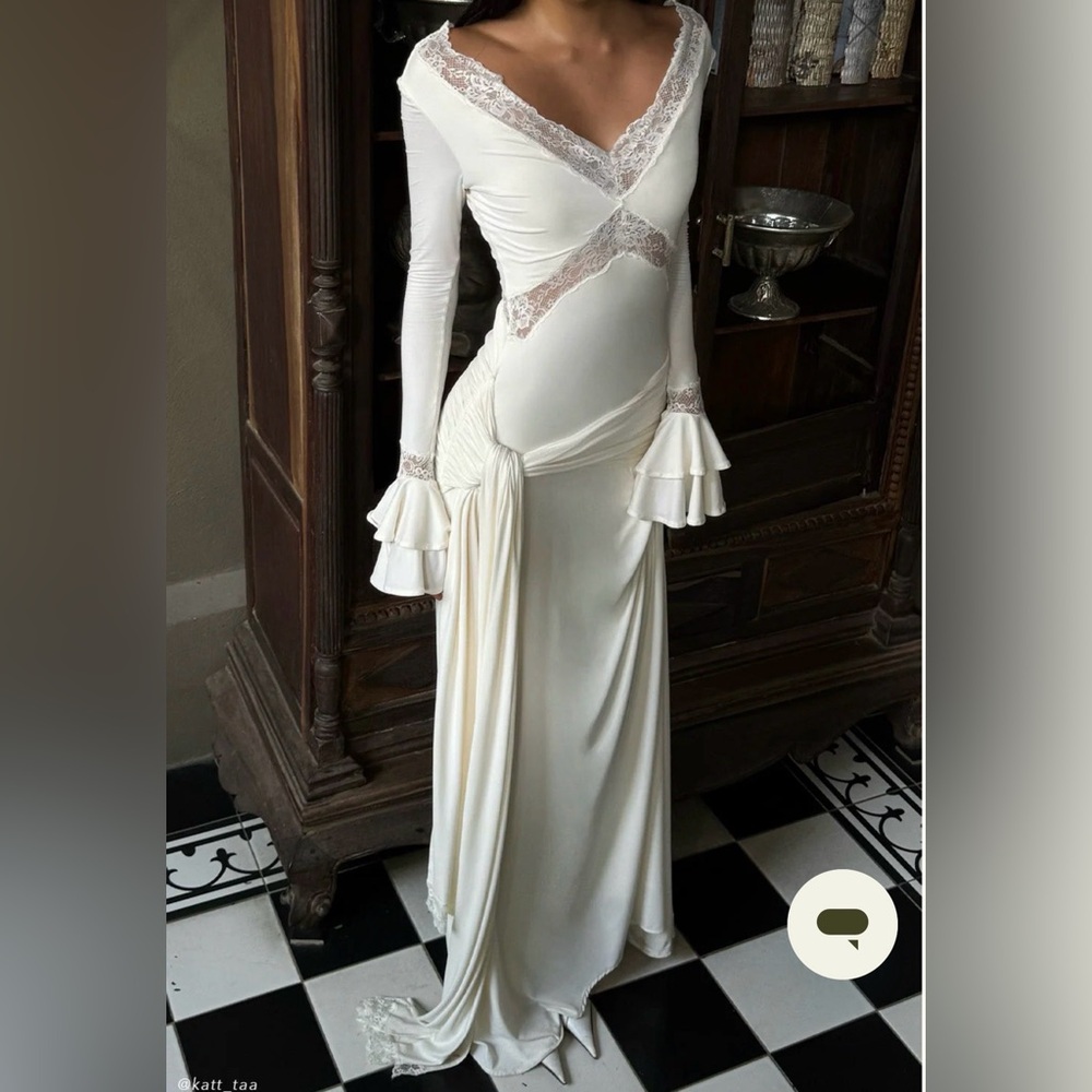 Meshki White Long Sleeve Gown with Lace Details